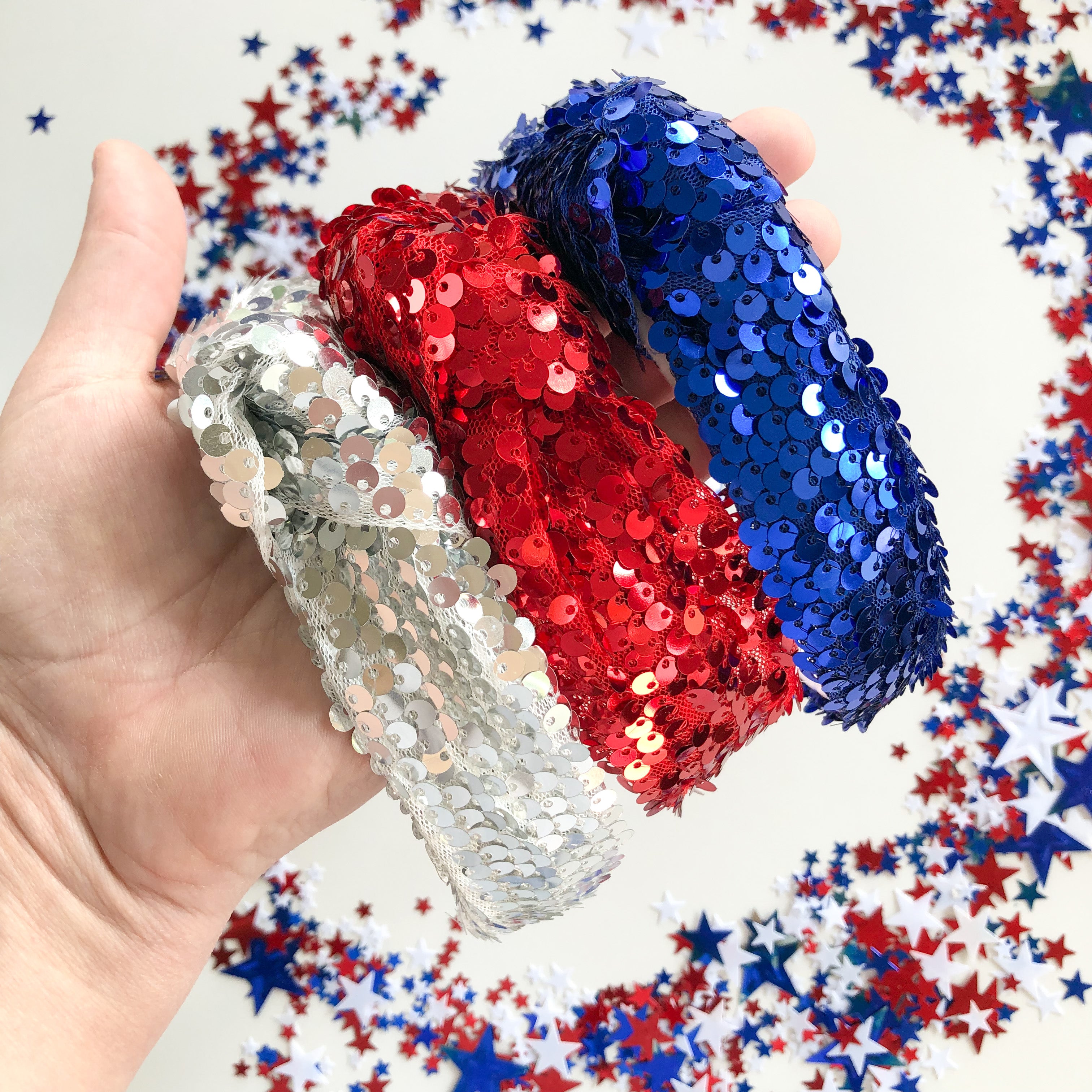 Sequin Knotted Headband // Red, Silver, Blue